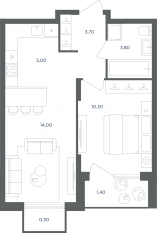 МФК «Равновесие», планировка 2-комнатной квартиры, 38.50 м²