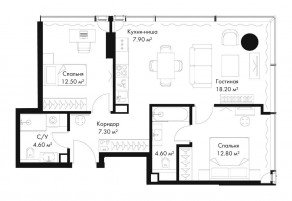 МФК «SLAVA», планировка 2-комнатной квартиры, 67.90 м²