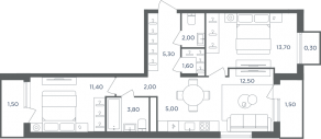 МФК «Равновесие», планировка 3-комнатной квартиры, 60.60 м²