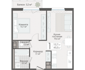 ЖК «Руднева, 15», планировка 1-комнатной квартиры, 45.50 м²