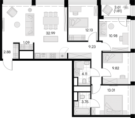 ЖК «GloraX Premium Василеостровский», планировка 4-комнатной квартиры, 102.40 м²