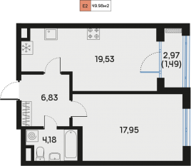 ЖК «Регенбоген», планировка 1-комнатной квартиры, 50.03 м²