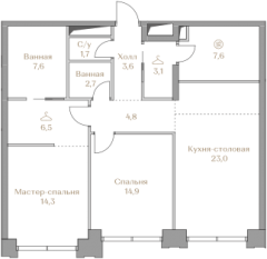 ЖК «Luzhniki Collection», планировка 2-комнатной квартиры, 89.80 м²