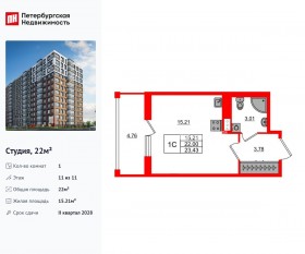 ЖК «Астра Континенталь», планировка студии, 22.00 м²