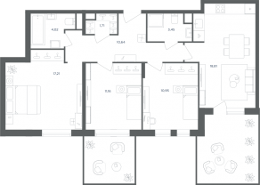 МФК «Равновесие», планировка 4-комнатной квартиры, 77.90 м²