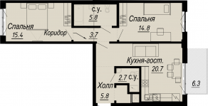 ЖК «Meltzer Hall», планировка 2-комнатной квартиры, 70.70 м²