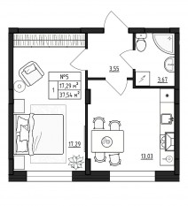 МЖК «Верево-Сити», планировка 1-комнатной квартиры, 37.54 м²