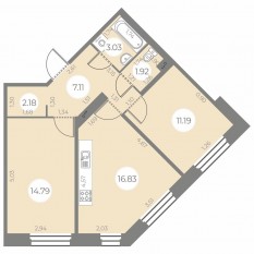 ЖК «Огни Залива», планировка 2-комнатной квартиры, 57.09 м²