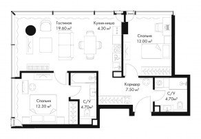 МФК «SLAVA», планировка 2-комнатной квартиры, 65.10 м²