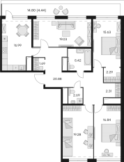 Апарт-комплекс «GloraX Заневский», планировка 4-комнатной квартиры, 128.80 м²