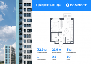 ЖК «Прибрежный Парк», планировка 1-комнатной квартиры, 32.60 м²