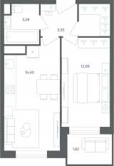 МФК «Равновесие», планировка 2-комнатной квартиры, 39.40 м²