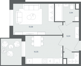 МФК «Равновесие», планировка 1-комнатной квартиры, 34.10 м²