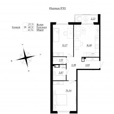 МЖК «Счастье 2.0», планировка 2-комнатной квартиры, 61.74 м²