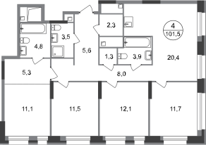 ЖК «Первый Московский», планировка 4-комнатной квартиры, 101.50 м²