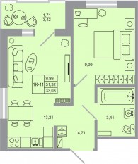 ЖК «Стороны света-2», планировка 1-комнатной квартиры, 33.03 м²