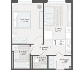 ЖК «Руднева, 15», планировка 1-комнатной квартиры, 42.00 м²