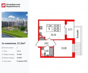 ЖК «Парадный ансамбль», планировка 1-комнатной квартиры, 32.36 м²