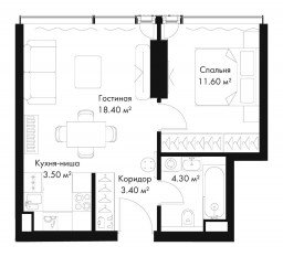 МФК «SLAVA», планировка 1-комнатной квартиры, 41.20 м²