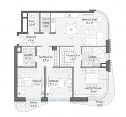 ЖК Дом «Лаврушинский», планировка 3-комнатной квартиры, 130.20 м²