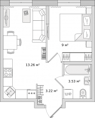 ЖК ЦДС «Новые Горизонты», планировка 1-комнатной квартиры, 35.10 м²