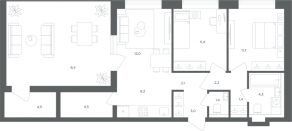 МФК «Равновесие», планировка 3-комнатной квартиры, 75.10 м²