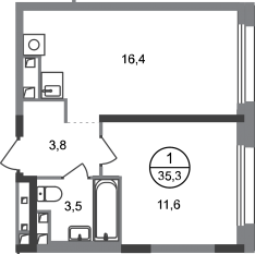 ЖК «Переделкино Ближнее», планировка 1-комнатной квартиры, 35.30 м²
