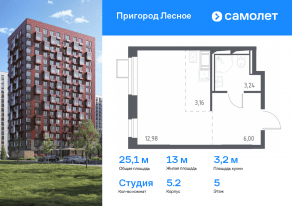 ЖК «Пригород Лесное», планировка студии, 25.10 м²