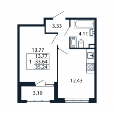 ЖК «Полис Приморский 2», планировка 1-комнатной квартиры, 33.00 м²