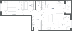 МФК «Равновесие», планировка 3-комнатной квартиры, 59.10 м²