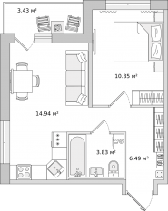 ЖК «Parkolovo», планировка 1-комнатной квартиры, 36.20 м²