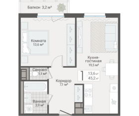 ЖК «Руднева, 15», планировка 1-комнатной квартиры, 45.20 м²