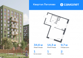 ЖК «Квартал Лаголово», планировка 1-комнатной квартиры, 34.57 м²