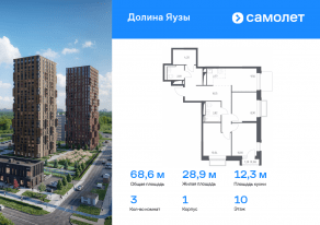 ЖК «Долина Яузы», планировка 3-комнатной квартиры, 68.61 м²