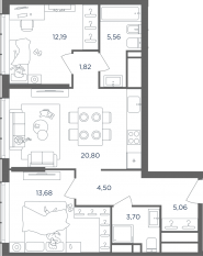 ЖК «Headliner», планировка 3-комнатной квартиры, 67.40 м²