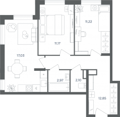 МФК «Равновесие», планировка 3-комнатной квартиры, 57.40 м²