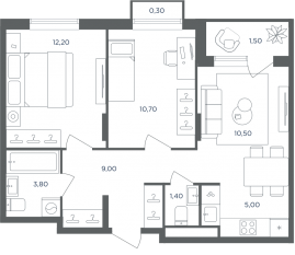 МФК «Равновесие», планировка 3-комнатной квартиры, 54.40 м²