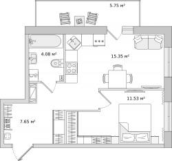 ЖК ЦДС «Новые Горизонты», планировка 1-комнатной квартиры, 38.40 м²