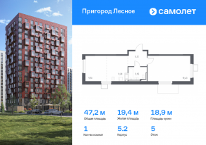 ЖК «Пригород Лесное», планировка 1-комнатной квартиры, 47.20 м²