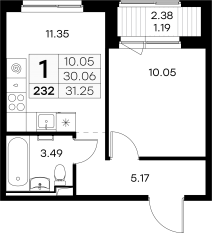 ЖК «GloraX Новоселье», планировка 1-комнатной квартиры, 31.25 м²