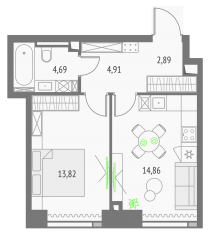 ЖК «Upside Towers», планировка 1-комнатной квартиры, 41.17 м²
