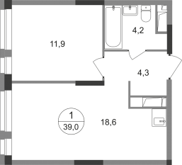 ЖК «Первый Московский», планировка 1-комнатной квартиры, 39.00 м²