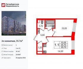 ЖК «Бионика Заповедная», планировка 1-комнатной квартиры, 35.70 м²