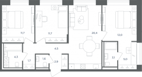 МФК «Равновесие», планировка 3-комнатной квартиры, 78.90 м²