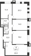 ЖК «Первый Московский», планировка 4-комнатной квартиры, 107.10 м²