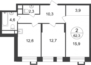 ЖК «Первый Московский», планировка 2-комнатной квартиры, 62.30 м²