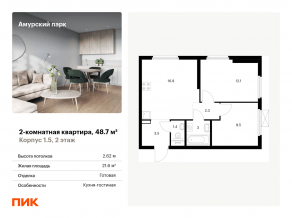 ЖК «Амурский парк», планировка 2-комнатной квартиры, 48.70 м²