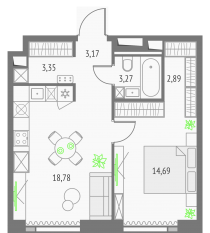 ЖК «Upside Towers», планировка 1-комнатной квартиры, 46.15 м²
