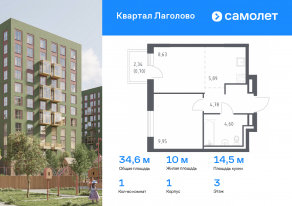 ЖК «Квартал Лаголово», планировка 1-комнатной квартиры, 34.55 м²