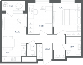 МФК «Равновесие», планировка 3-комнатной квартиры, 52.20 м²
